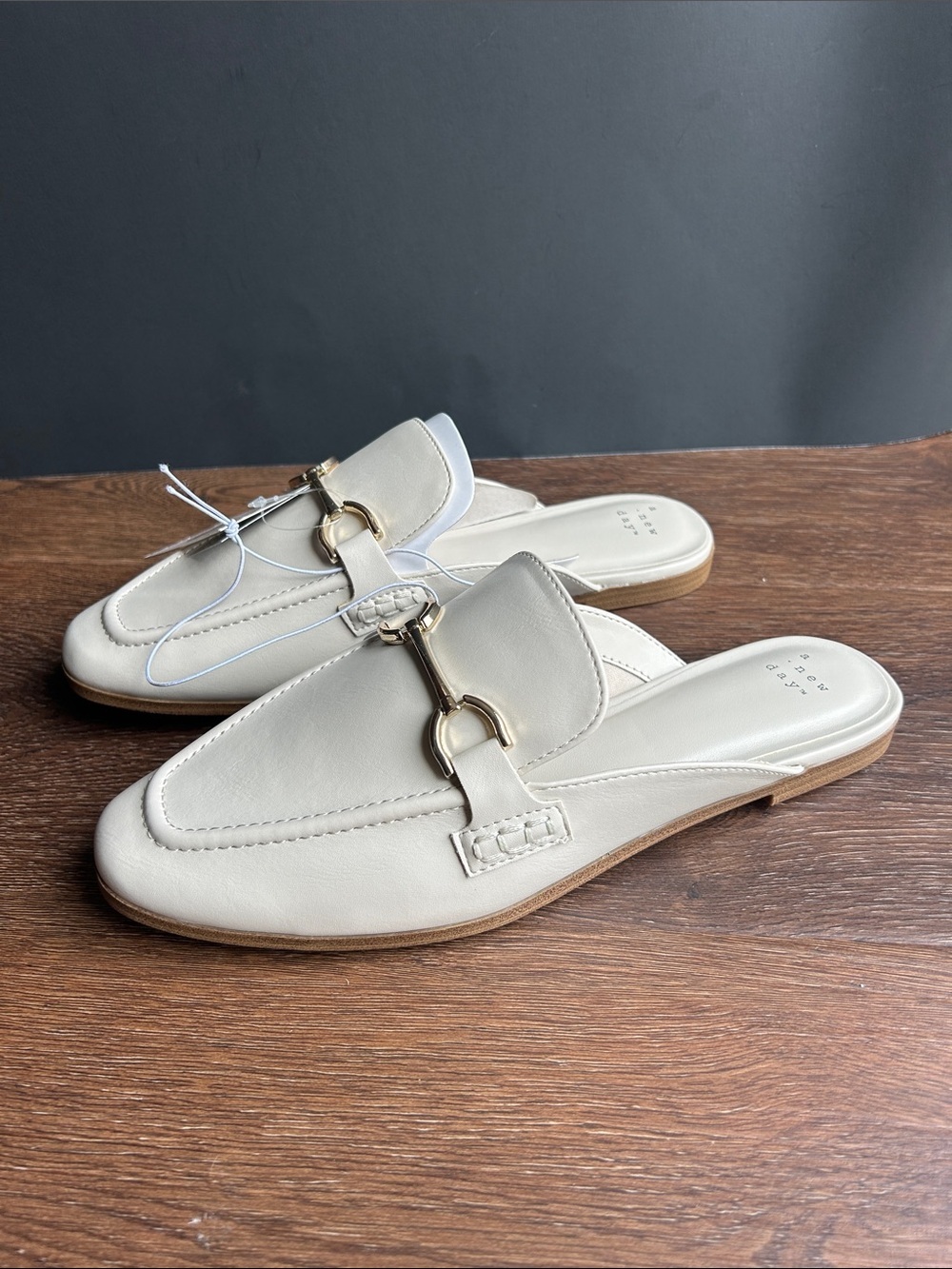 NWT a new day Women's Cream Slip-On Loafer Mules | Loafer with Gold Clasp |